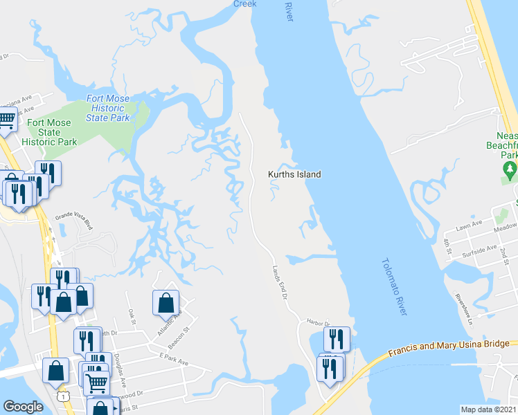 map of restaurants, bars, coffee shops, grocery stores, and more near 3414 Lands End Drive in Saint Augustine