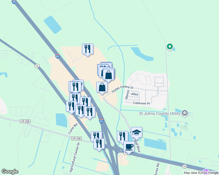 map of restaurants, bars, coffee shops, grocery stores, and more near 470 Prime Outlets Boulevard in St. Augustine