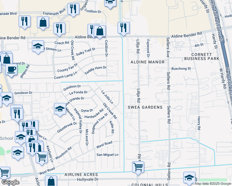 map of restaurants, bars, coffee shops, grocery stores, and more near 338 Casa Grande Drive in Houston