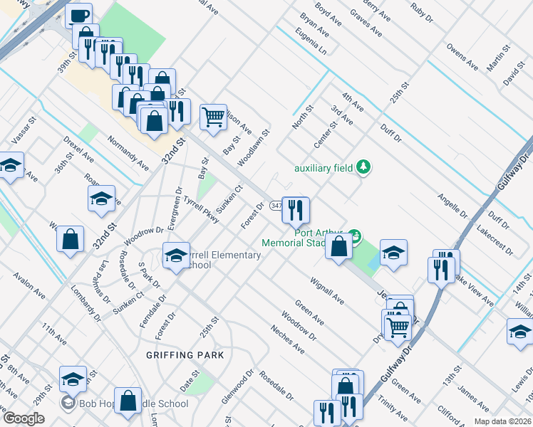 map of restaurants, bars, coffee shops, grocery stores, and more near 2720 Bernhardt Drive in Port Arthur