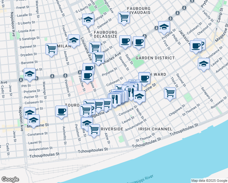 map of restaurants, bars, coffee shops, grocery stores, and more near 1230 Toledano Street in New Orleans