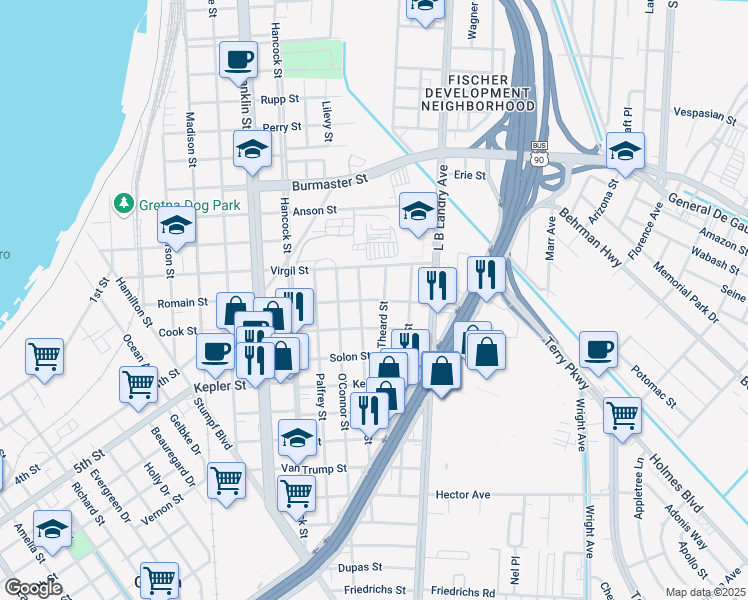 map of restaurants, bars, coffee shops, grocery stores, and more near 1224 Romain Street in Gretna