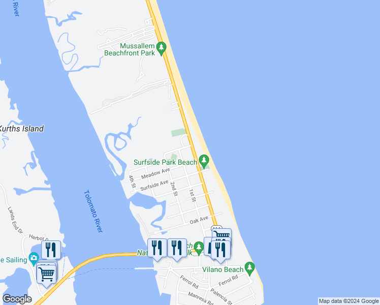 map of restaurants, bars, coffee shops, grocery stores, and more near 3119 Coastal Highway in St. Augustine