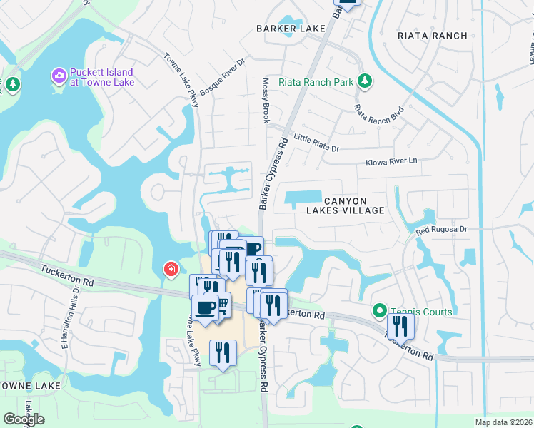 map of restaurants, bars, coffee shops, grocery stores, and more near 10303 Marble Crest Drive in Houston
