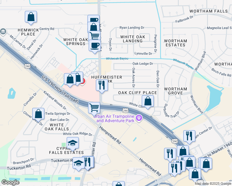 map of restaurants, bars, coffee shops, grocery stores, and more near 13618 Pecan Oak Drive in Houston