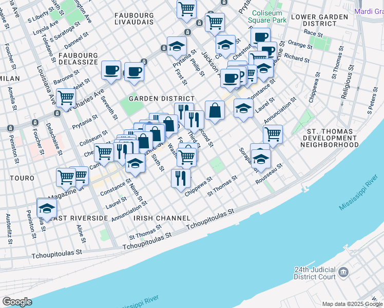 map of restaurants, bars, coffee shops, grocery stores, and more near 2717 Laurel Street in New Orleans