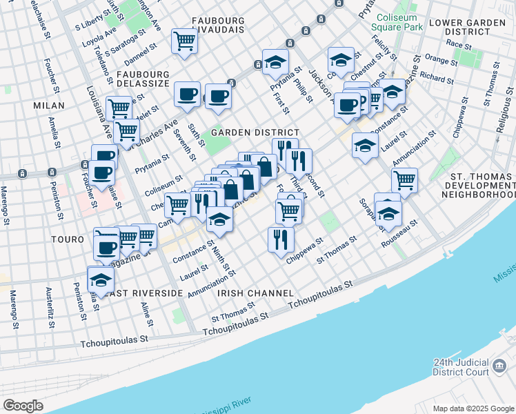 map of restaurants, bars, coffee shops, grocery stores, and more near 2824 Constance Street in New Orleans
