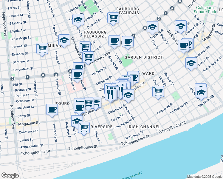 map of restaurants, bars, coffee shops, grocery stores, and more near 1200 Harmony Street in New Orleans