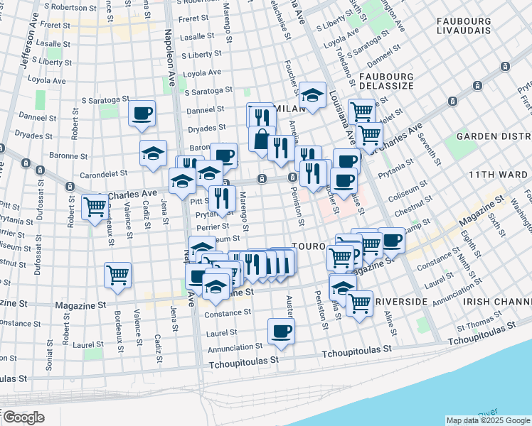 map of restaurants, bars, coffee shops, grocery stores, and more near 1312 Constantinople Street in New Orleans