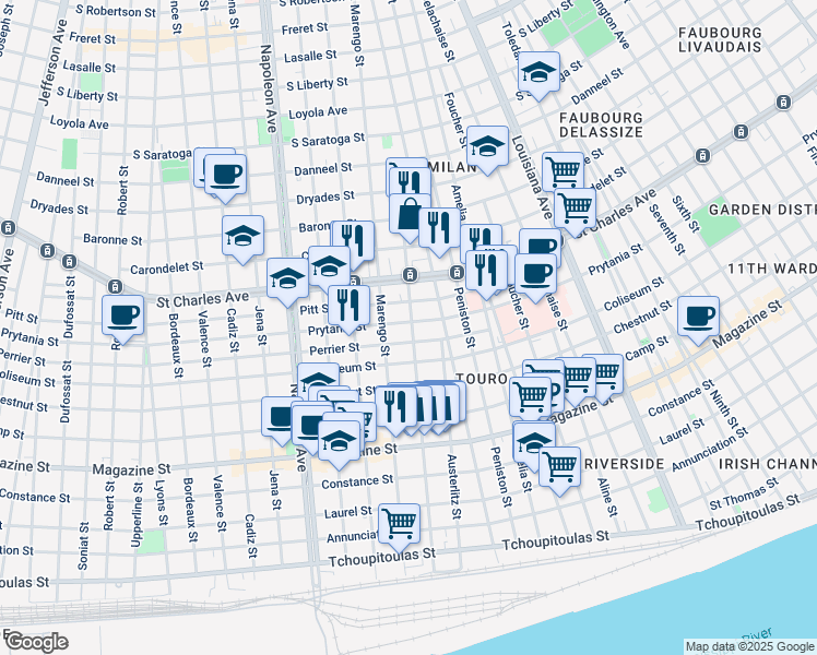 map of restaurants, bars, coffee shops, grocery stores, and more near 1312 Constantinople Street in New Orleans