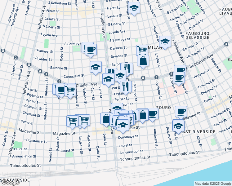 map of restaurants, bars, coffee shops, grocery stores, and more near 1321 General Pershing Street in New Orleans
