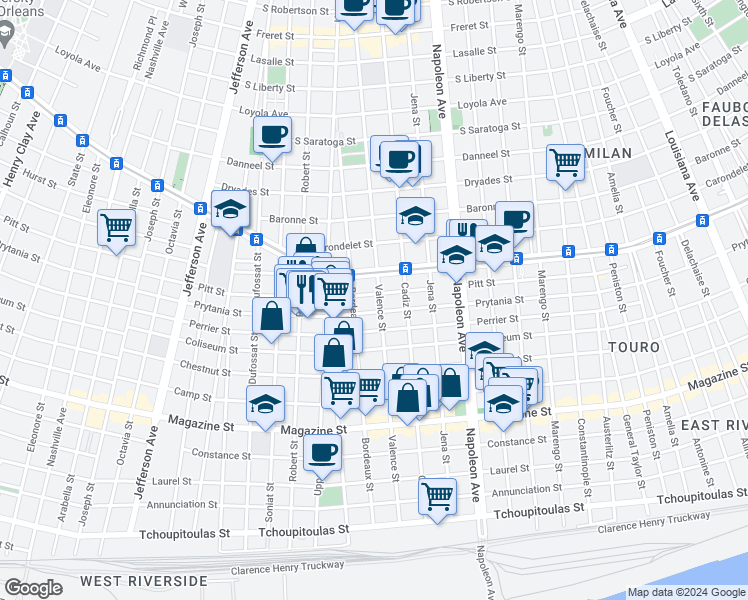 map of restaurants, bars, coffee shops, grocery stores, and more near 4631 Prytania Street in New Orleans