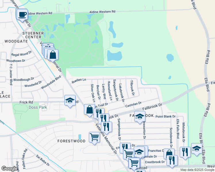 map of restaurants, bars, coffee shops, grocery stores, and more near 10551 Keeneland Lane in Houston