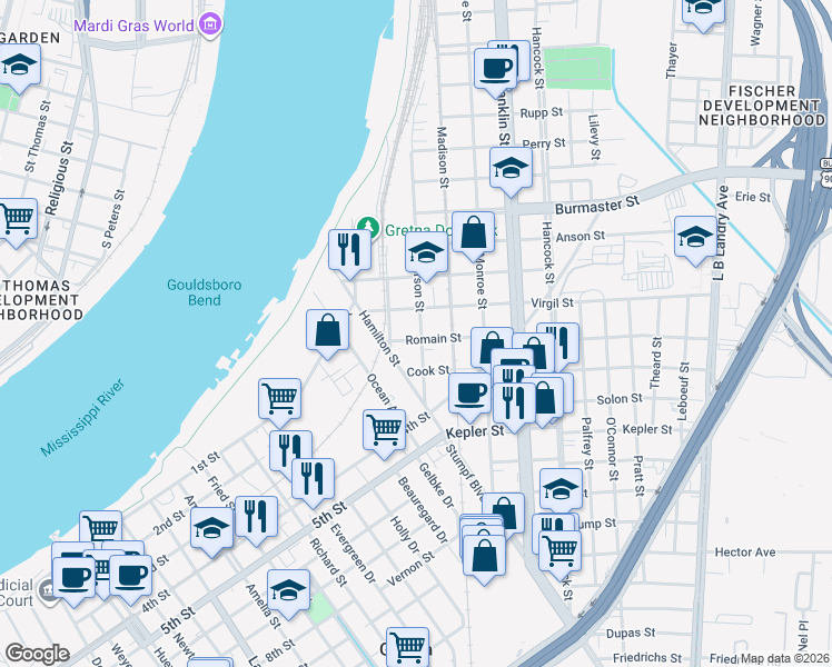 map of restaurants, bars, coffee shops, grocery stores, and more near 418 Romain Street in Gretna