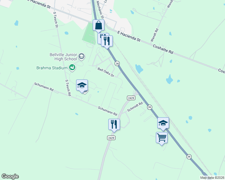 map of restaurants, bars, coffee shops, grocery stores, and more near 1588 Bell Oaks Drive in Bellville