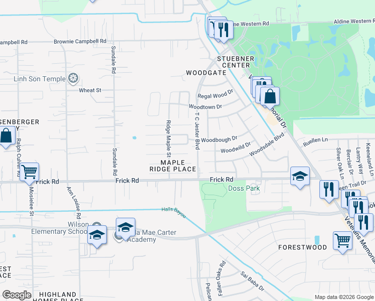 map of restaurants, bars, coffee shops, grocery stores, and more near 2710 Lofty Elm Street in Houston