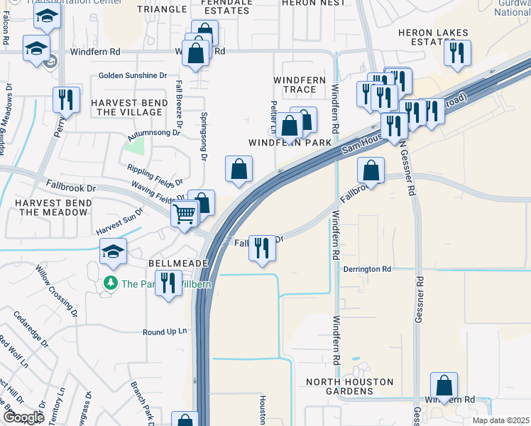 map of restaurants, bars, coffee shops, grocery stores, and more near 10943 North Sam Houston Parkway West in Houston