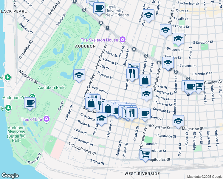 map of restaurants, bars, coffee shops, grocery stores, and more near 1109 State Street in New Orleans