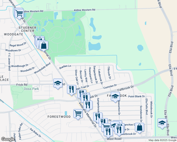 map of restaurants, bars, coffee shops, grocery stores, and more near 10551 Keeneland Lane in Houston