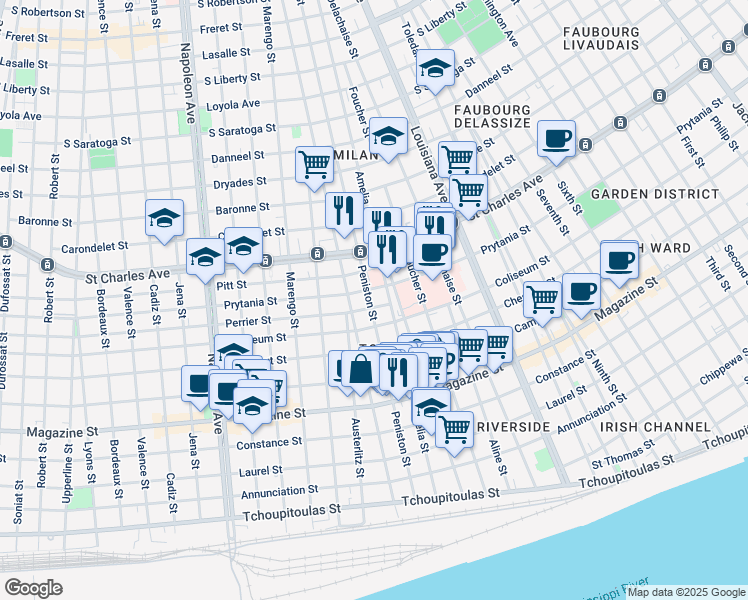 map of restaurants, bars, coffee shops, grocery stores, and more near 3706 Perrier Street in New Orleans