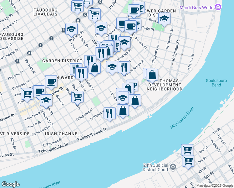 map of restaurants, bars, coffee shops, grocery stores, and more near 2322 Chippewa Street in New Orleans