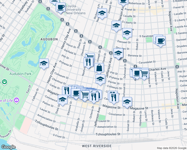 map of restaurants, bars, coffee shops, grocery stores, and more near 5519 Perrier Street in New Orleans