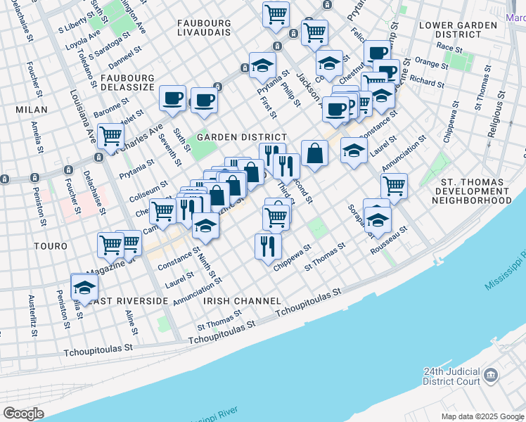 map of restaurants, bars, coffee shops, grocery stores, and more near 2717 Laurel Street in New Orleans