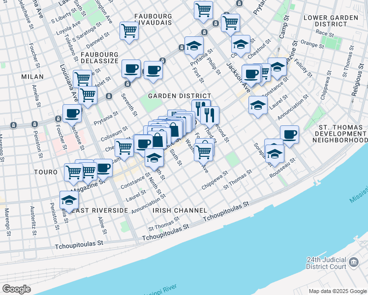 map of restaurants, bars, coffee shops, grocery stores, and more near 2824 Constance Street in New Orleans