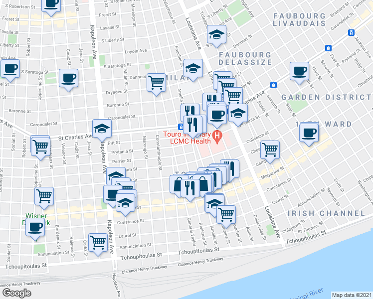 map of restaurants, bars, coffee shops, grocery stores, and more near 3706 Perrier Street in New Orleans
