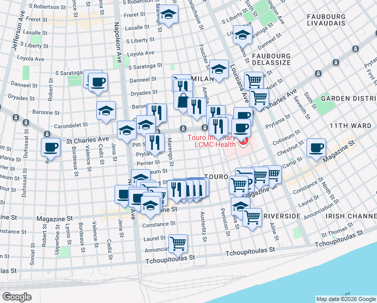 map of restaurants, bars, coffee shops, grocery stores, and more near 1312 Constantinople Street in New Orleans