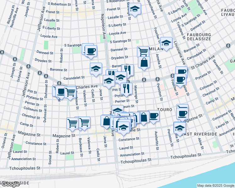 map of restaurants, bars, coffee shops, grocery stores, and more near 1321 General Pershing Street in New Orleans