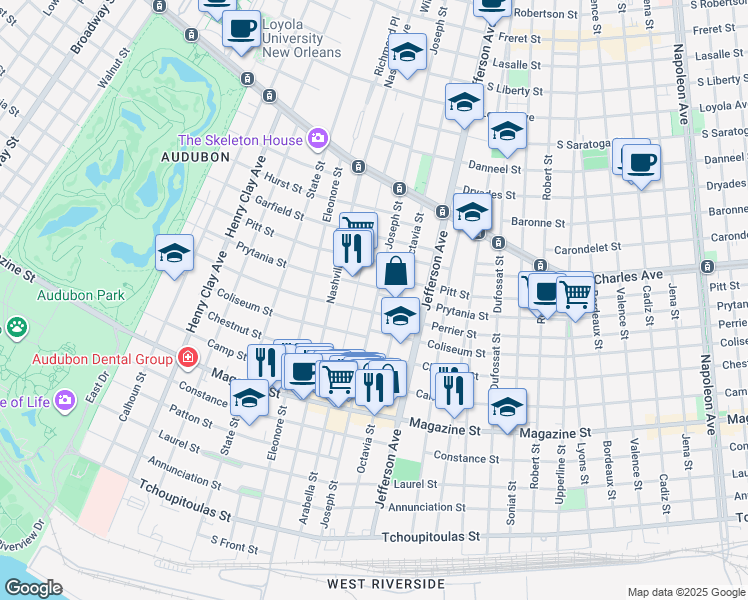 map of restaurants, bars, coffee shops, grocery stores, and more near 5519 Perrier Street in New Orleans