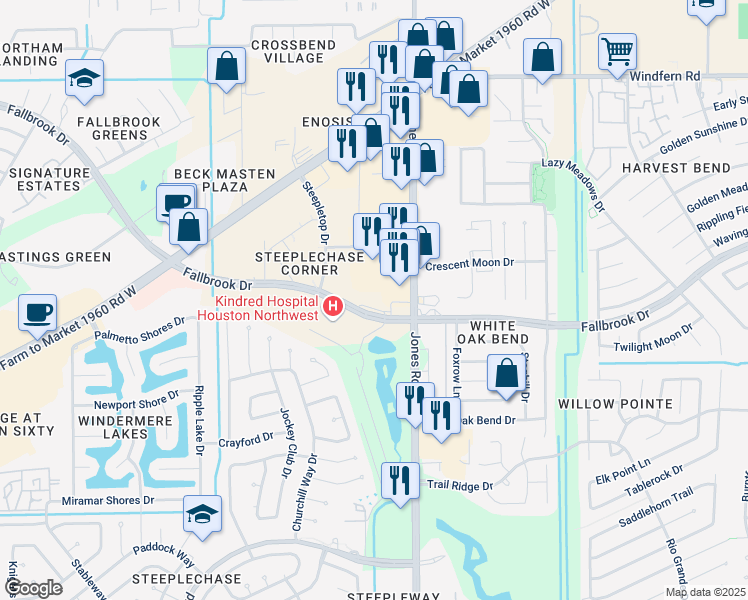 map of restaurants, bars, coffee shops, grocery stores, and more near 10505 Jones Road in Jersey Village