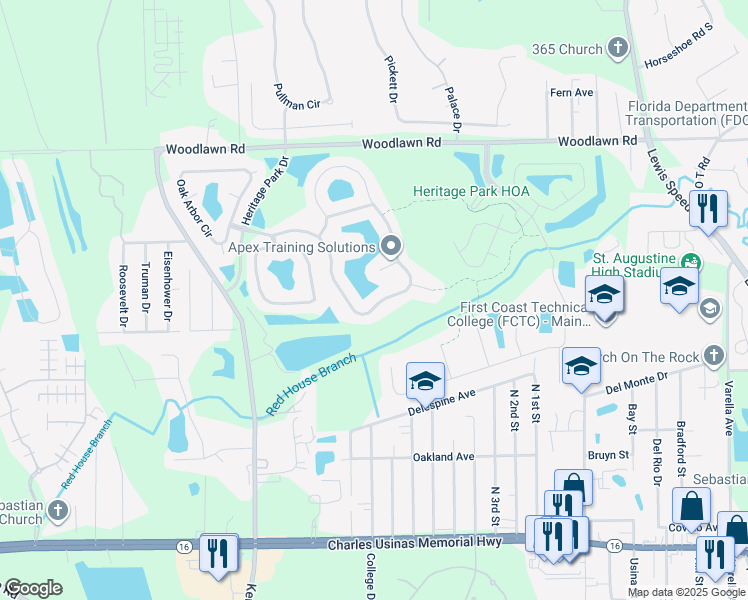 map of restaurants, bars, coffee shops, grocery stores, and more near 700 East Red House Branch Road in St. Augustine