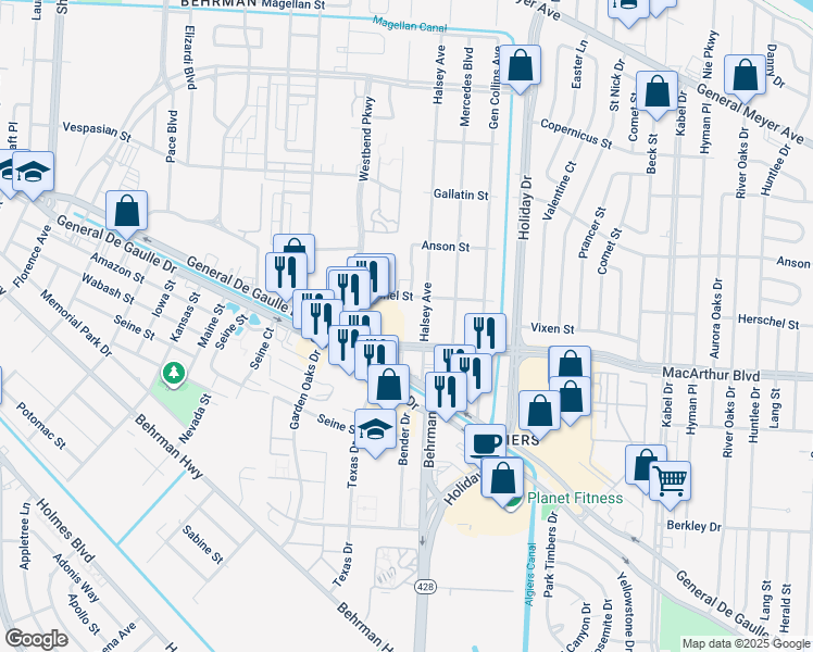 map of restaurants, bars, coffee shops, grocery stores, and more near 3730 Macarthur Boulevard in New Orleans