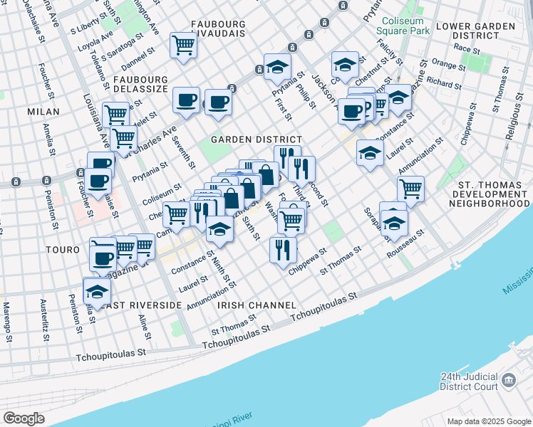 map of restaurants, bars, coffee shops, grocery stores, and more near 2824 Constance Street in New Orleans