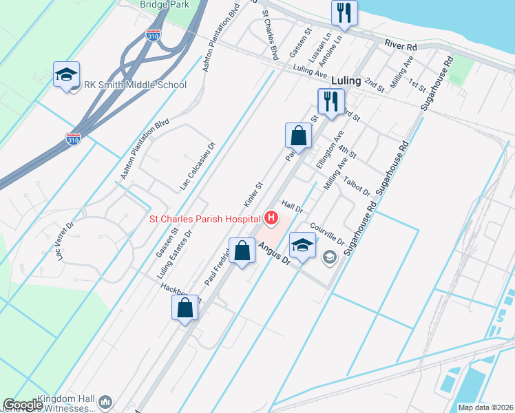 map of restaurants, bars, coffee shops, grocery stores, and more near 913 Paul Fredrick Street in Luling