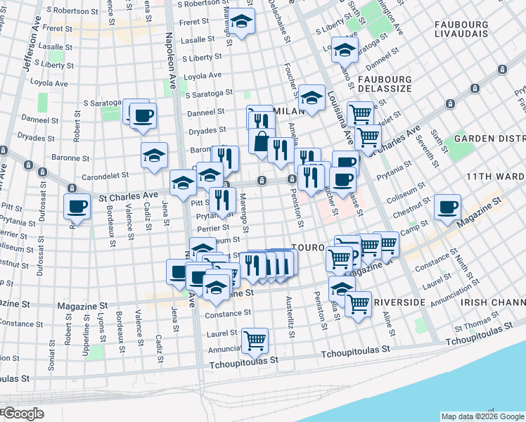 map of restaurants, bars, coffee shops, grocery stores, and more near Prytania Street in New Orleans