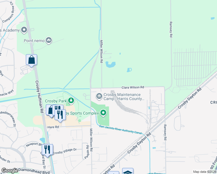 map of restaurants, bars, coffee shops, grocery stores, and more near 705 Clara Wilson Road in Crosby