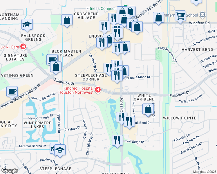 map of restaurants, bars, coffee shops, grocery stores, and more near 11246 Fallbrook Drive in Houston