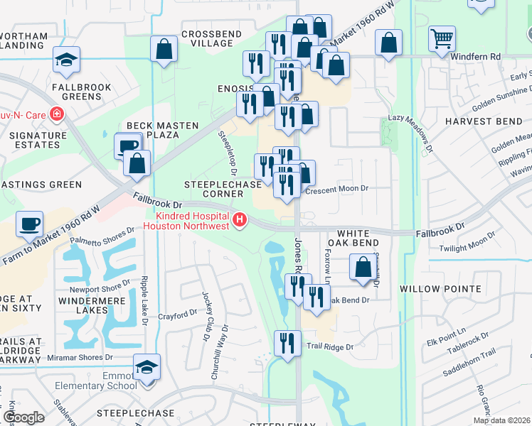 map of restaurants, bars, coffee shops, grocery stores, and more near 11246 Fallbrook Drive in Houston