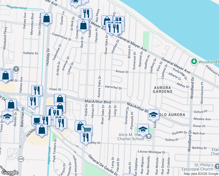 map of restaurants, bars, coffee shops, grocery stores, and more near 613 Huntlee Drive in New Orleans