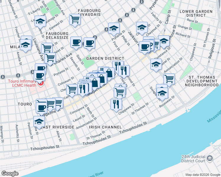 map of restaurants, bars, coffee shops, grocery stores, and more near 2824 Constance Street in New Orleans