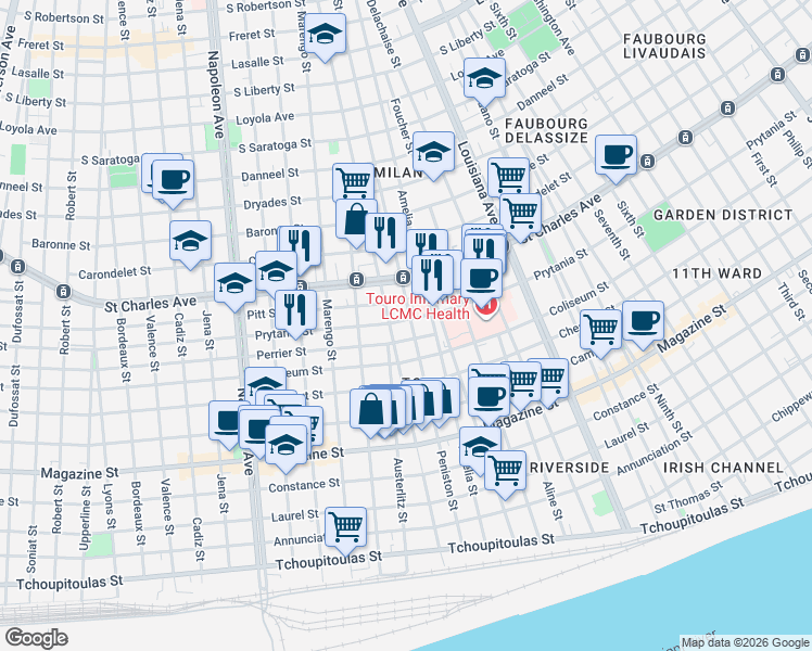 map of restaurants, bars, coffee shops, grocery stores, and more near 1308 General Taylor in New Orleans