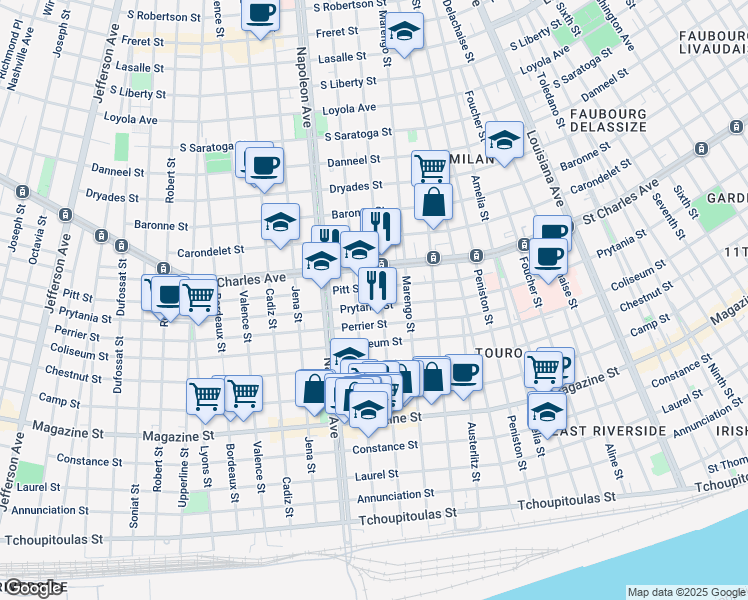 map of restaurants, bars, coffee shops, grocery stores, and more near 1321 General Pershing Street in New Orleans