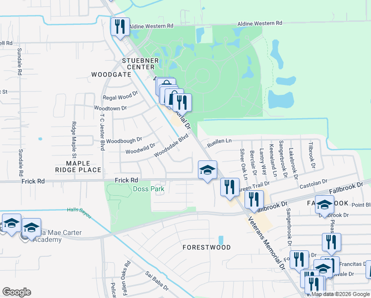 map of restaurants, bars, coffee shops, grocery stores, and more near 13103 Woodsdale Court in Houston