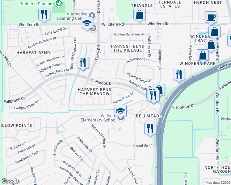 map of restaurants, bars, coffee shops, grocery stores, and more near 9231 Dawnfields Drive in Houston