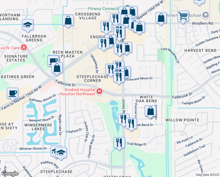 map of restaurants, bars, coffee shops, grocery stores, and more near 10505 Jones Road in Jersey Village