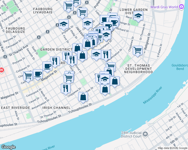 map of restaurants, bars, coffee shops, grocery stores, and more near 2365 Chippewa Street in New Orleans