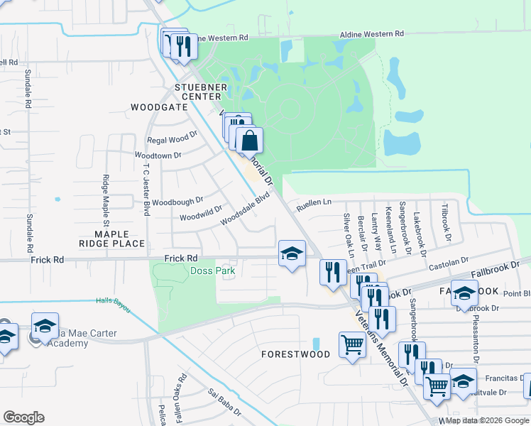 map of restaurants, bars, coffee shops, grocery stores, and more near 13103 Woodsdale Court in Houston